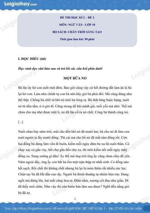 Đề thi học kì 2 Văn 10 Chân trời sáng tạo - Đề số 2